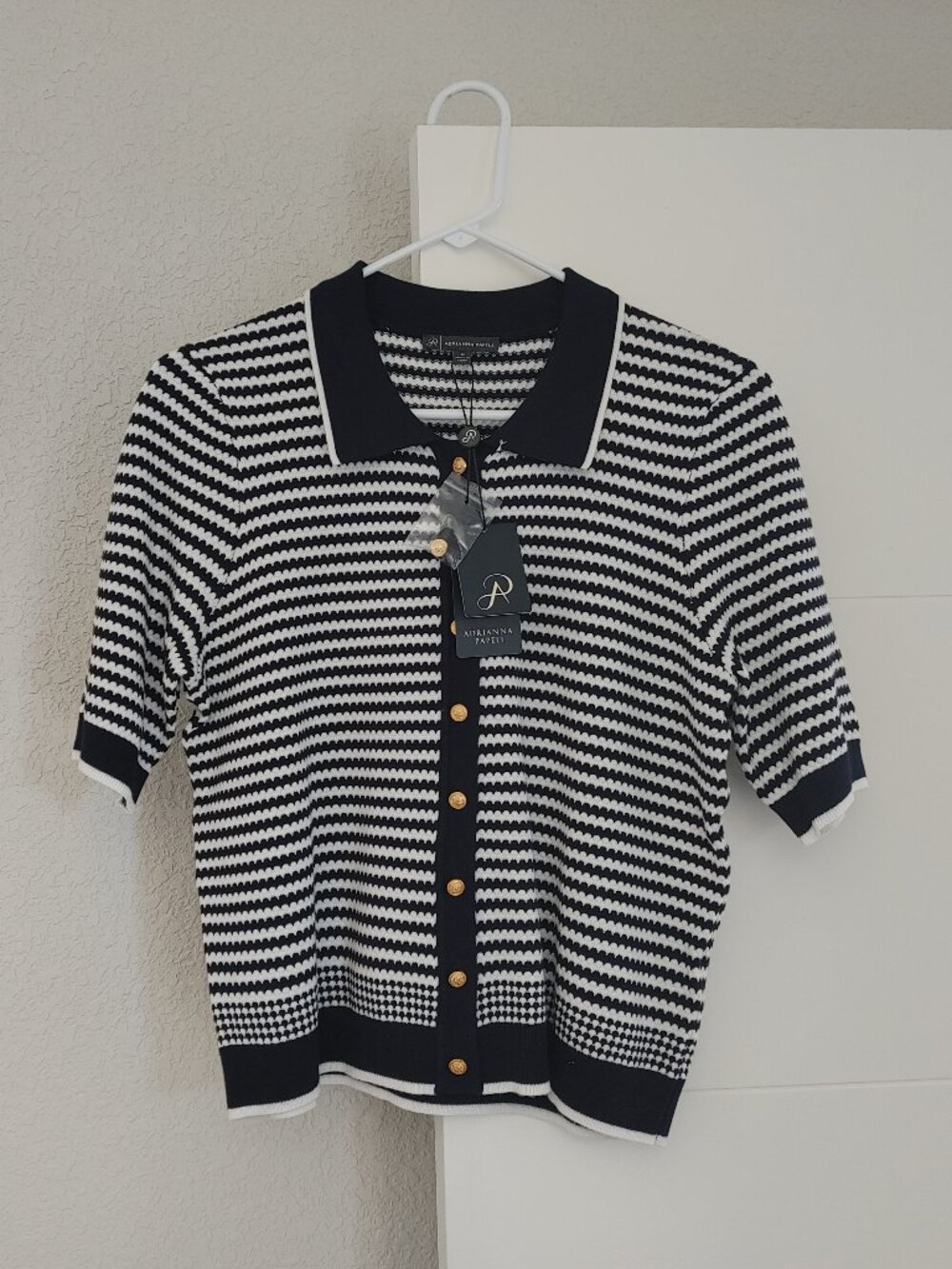 ADRIANNA PAPELL Stripe Short Sleeve Cardigan - Color: NAVY/IVORY Size: M